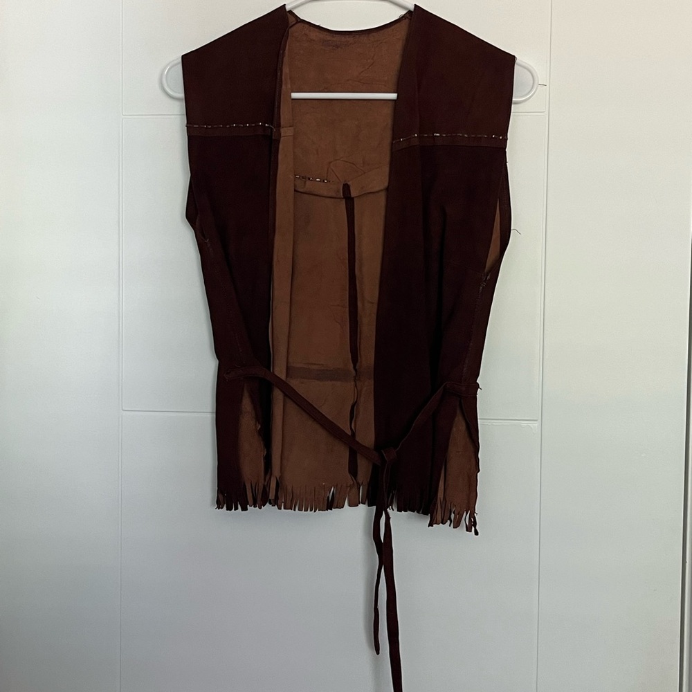 Vintage Brown Suede Fringe Vest. faux leather